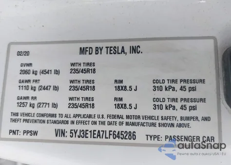 2020 Tesla Model 3 Standard Range Plus Rear-Wheel Drive/Standard Range Rear-Wheel Drive z USA, uszkodzony, nr VIN 5YJ3E1EA7LF645286